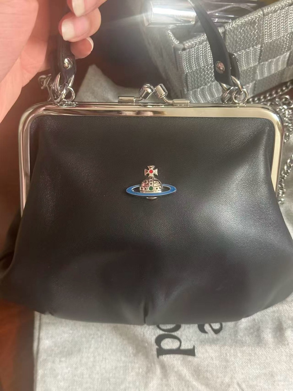 Vivienne Westwood Black Leather Mini Frame-Top Bag with Orb Accent